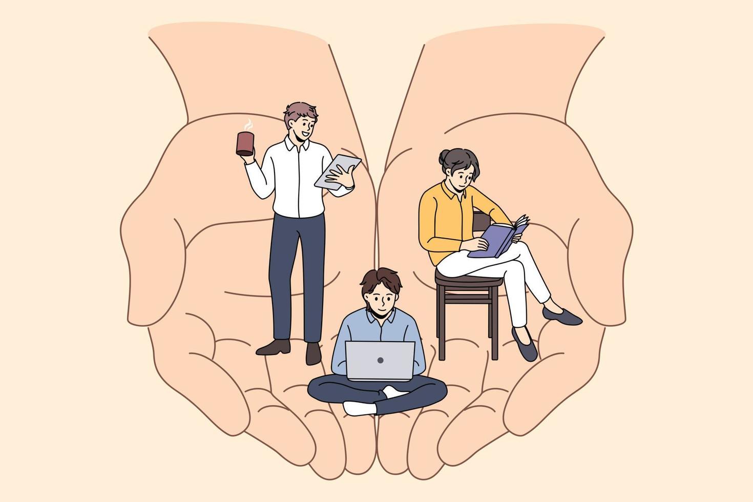 Company manager care about workers office team . Vector concept illustration of work balance and modern office. Worker job benefits