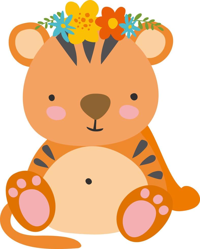Tiger with flowers, illustration, vector on white background.