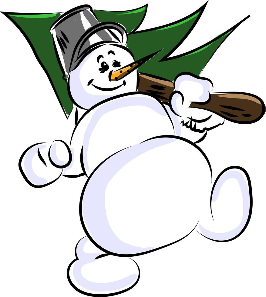 Snowman with tree, illustration, vector on white background.