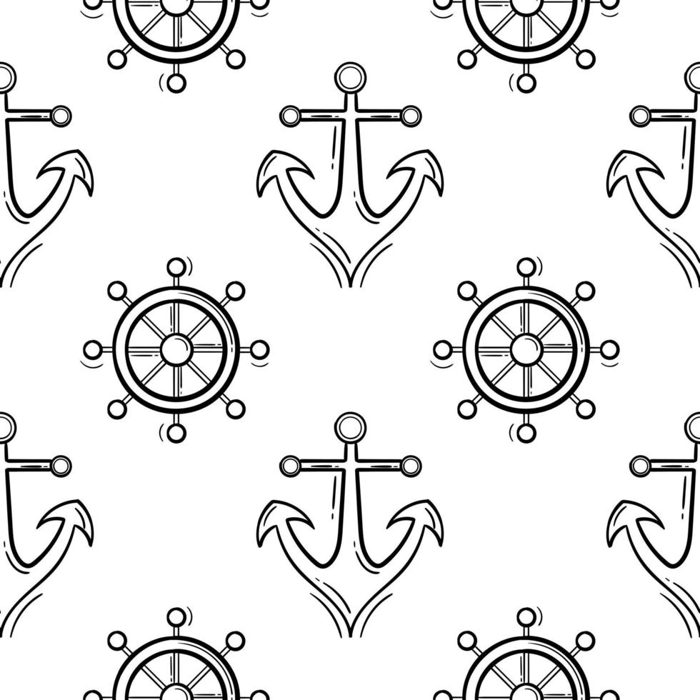 hand draw steering wheel and anchor seamless pattern vector