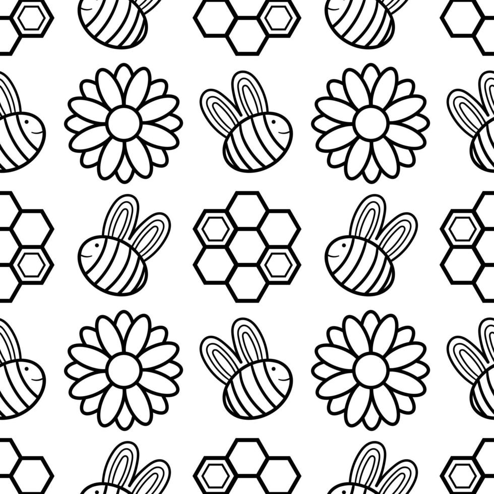 seamless pattern of bees, honeycomb and flowers vector