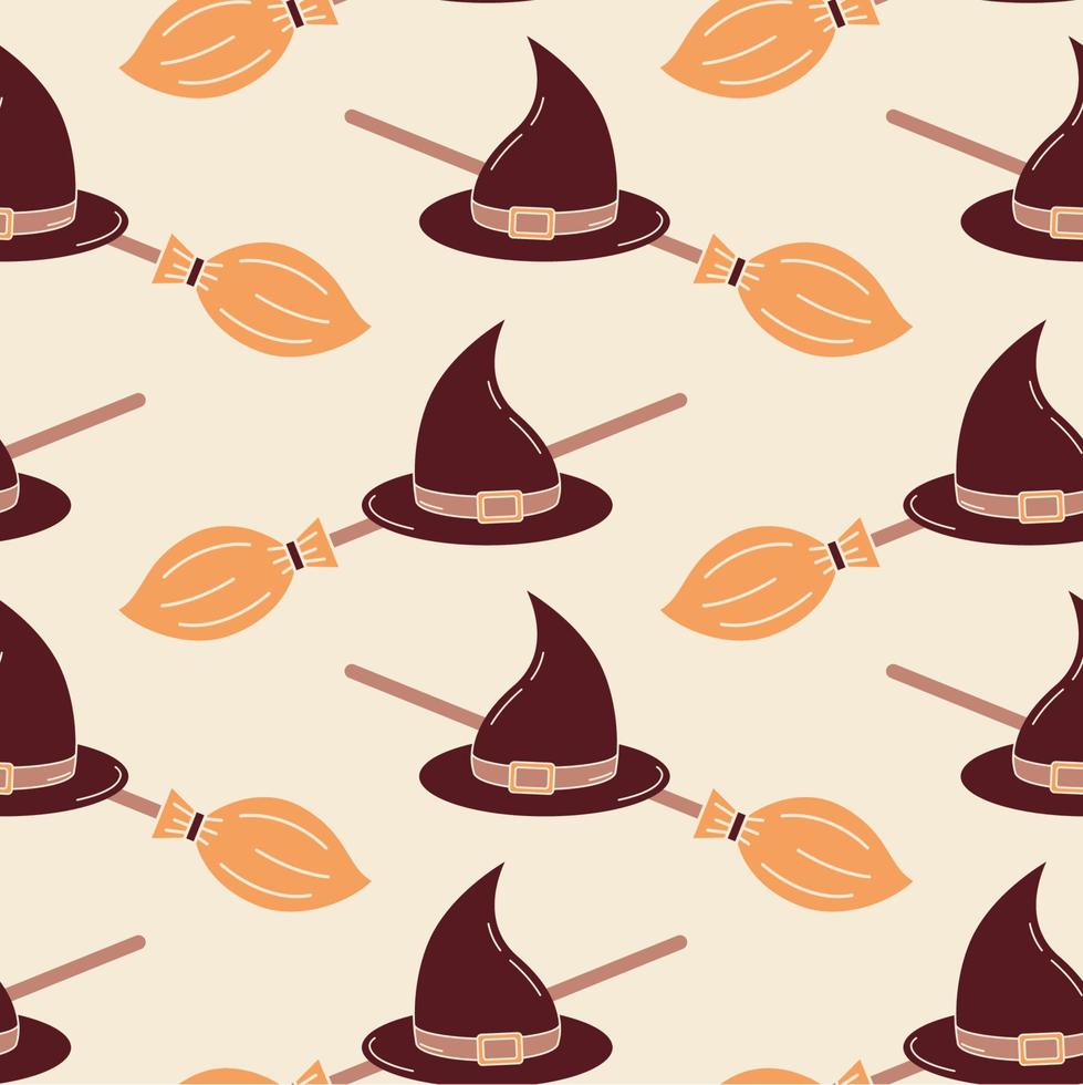 Witchcrafts seamless pattern cartoon style. Isolated vector broom stick and witch hat in endless background for Halloween