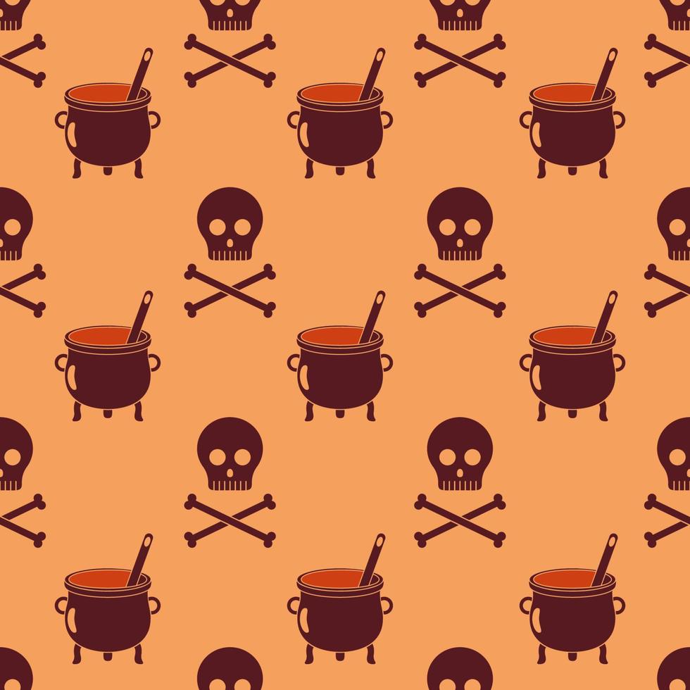 Halloween seamless pattern with skull, bones and cauldrone. Isolated potion in kettle and skeleton repeated flat elements in wallpaper vector