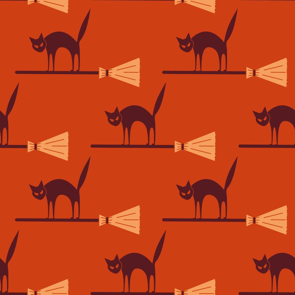 Halloween seamless pattern with angry cat on broom stick. Vector endless cartoon pattern with flying character