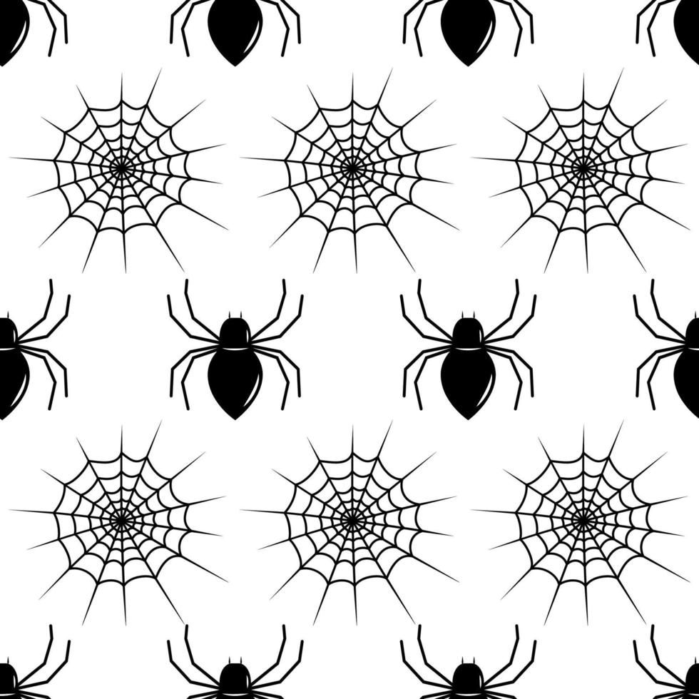 Black spider and cobweb seamless pattern. Repeated flat vector icon for Halloween.
