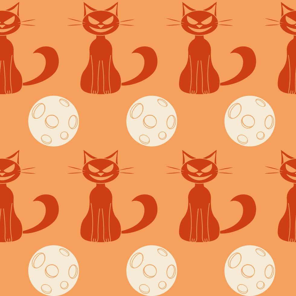 Cat and full Moon seamless pattern. Vector Halloween elements in endless background in flat style
