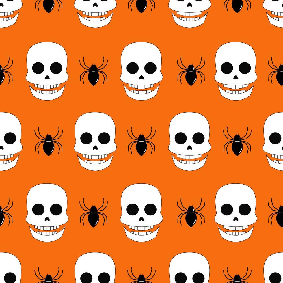 Vector Halloween seamless pattern. Repeated flat vector icons of white skull and black spider.