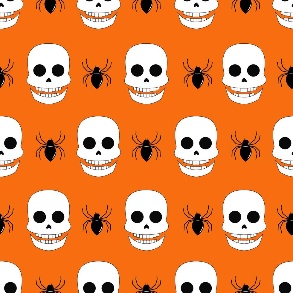 vector de patrones sin fisuras de halloween. iconos vectoriales planos repetidos de cráneo blanco y araña negra.