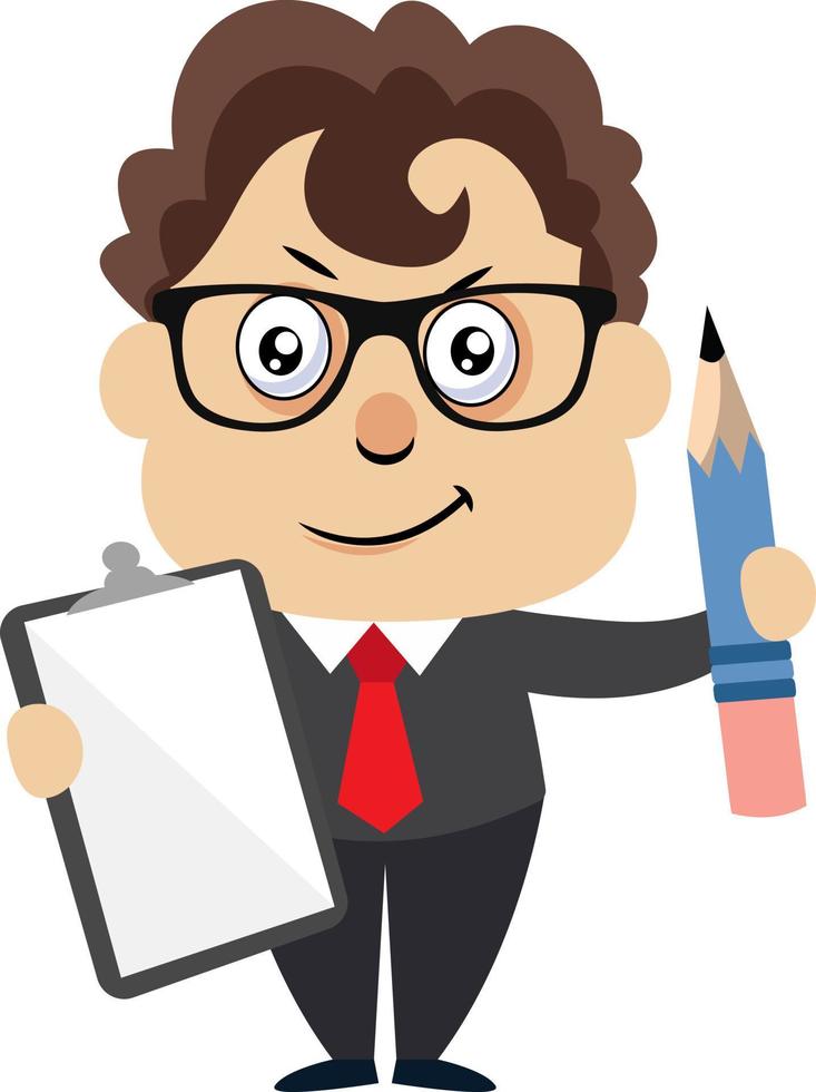 Man with pen and paper, illustration, vector on white background.