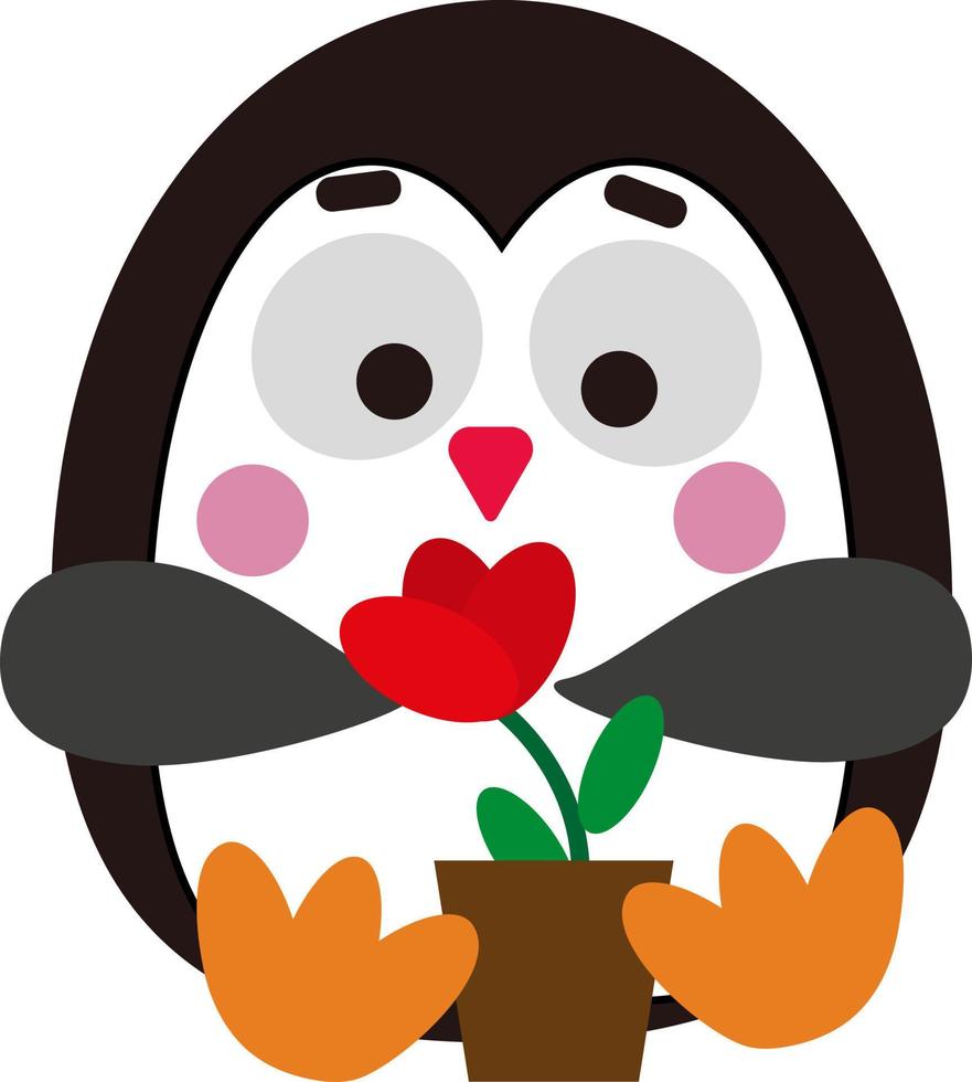 pingüino con flor, ilustración, vector sobre fondo blanco.