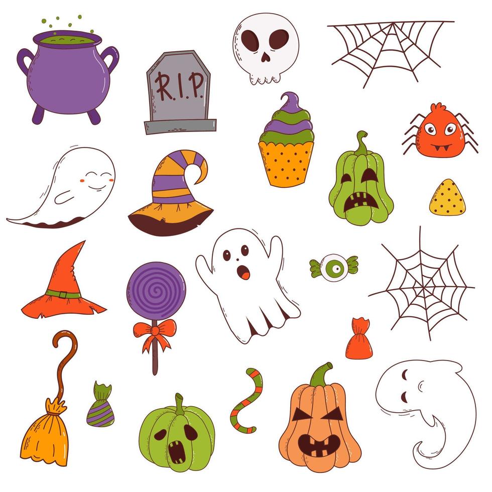 Funny halloween set pumpkin, ghost, witch hat, bat, sweets, spider, broom. Trick or treat concept. Vector illustration in hand drawn style