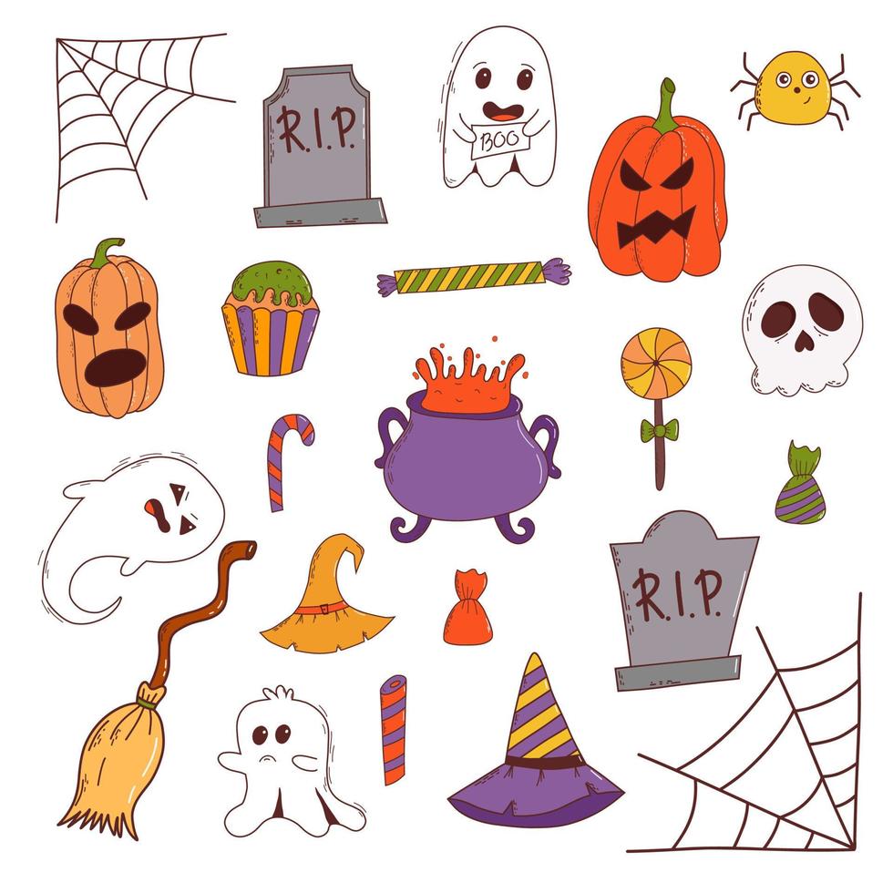 divertido juego de halloween calabaza, fantasma, sombrero de bruja, murciélago, dulces, araña, escoba. concepto de truco o trato. ilustración vectorial en estilo dibujado a mano vector