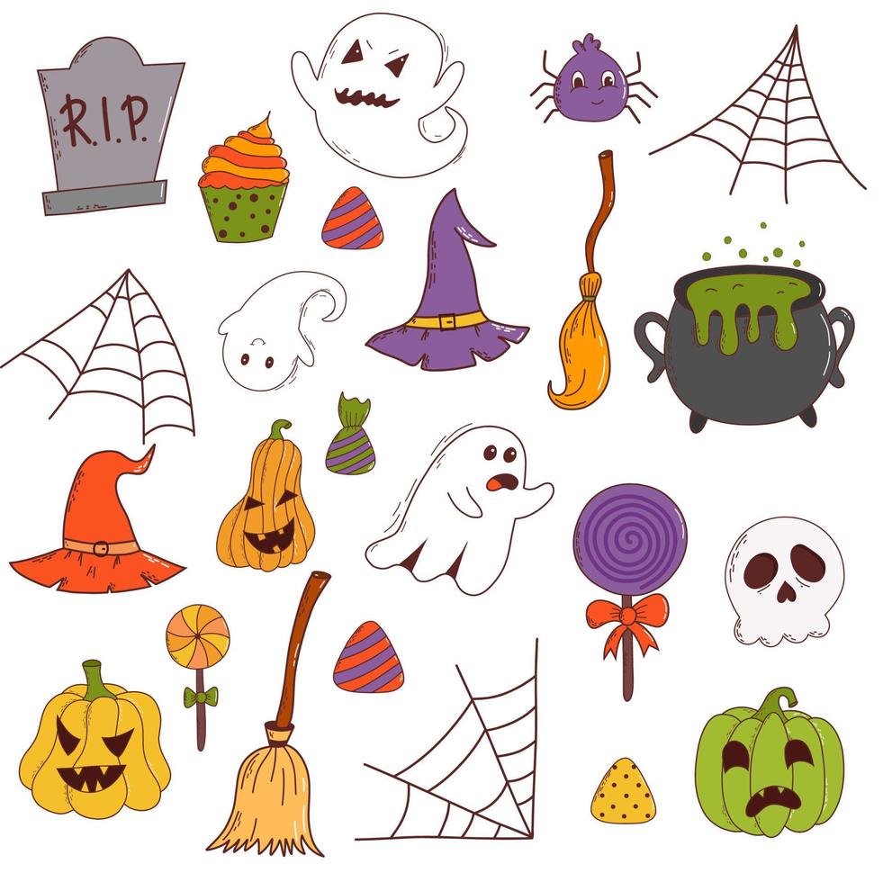 Funny halloween set pumpkin, ghost, witch hat, bat, sweets, spider, broom. Trick or treat concept. Vector illustration in hand drawn style