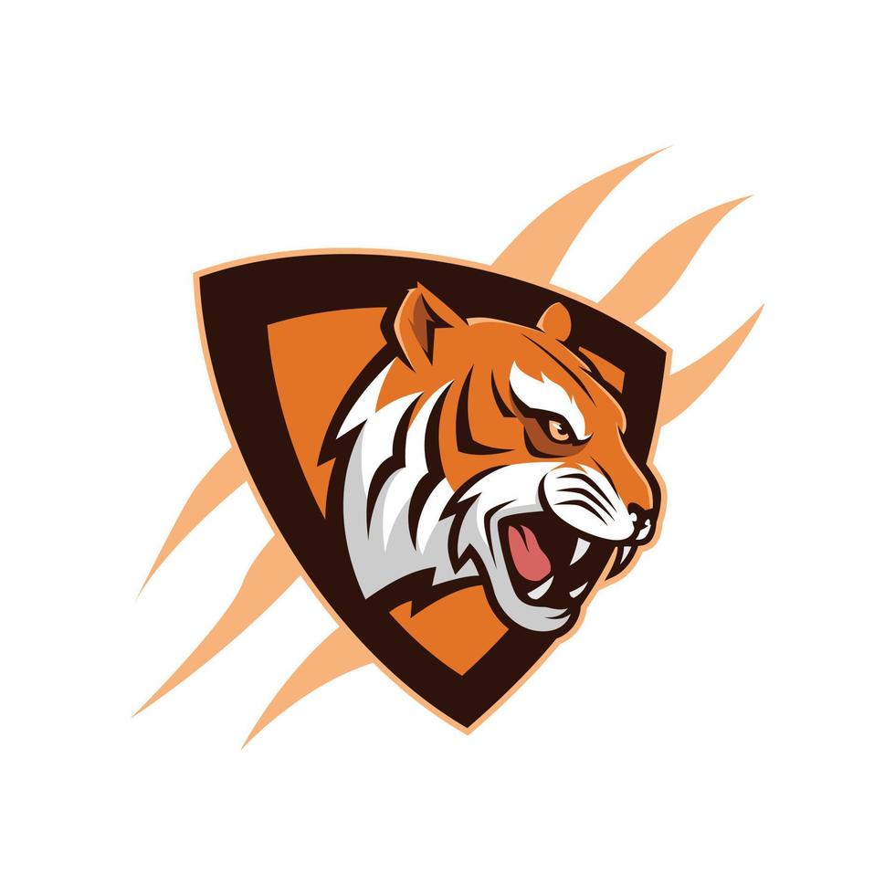 logotipo de mascota de cabeza de tigre con ilustración de vector de escudo, logotipo de e-sport