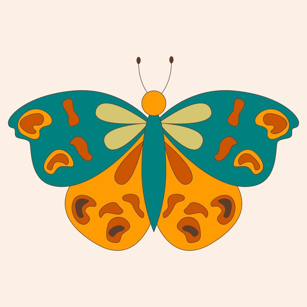 Retro 60s 70s hippie groovy butterfly for cards, stickers or poster design. Flat vector illustration