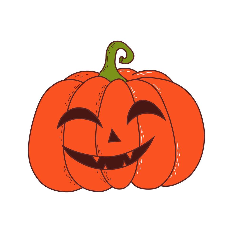 Cute pumpkin with funny face. Halloween element. Vector illustration in hand drawn style
