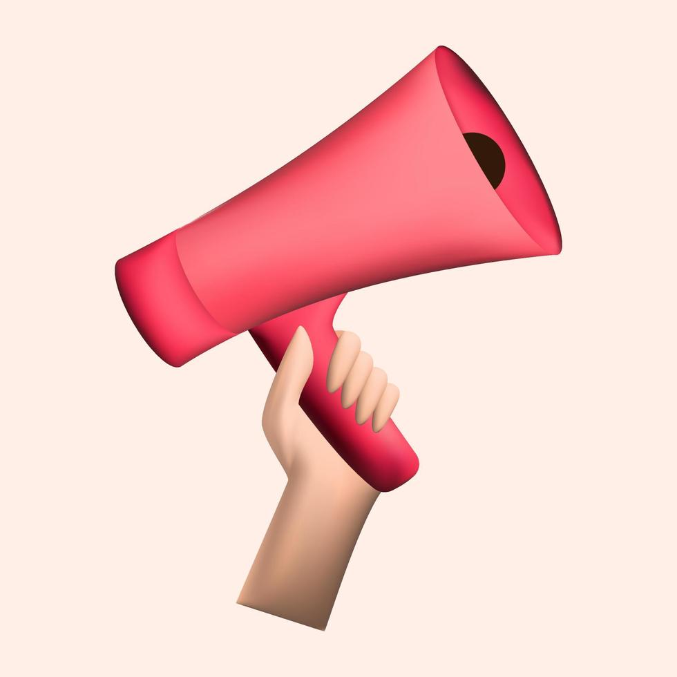 3d review SMM concept. Human hand holding loudspeaker. Megaphone with social media icons. Social media marketing concept. vector