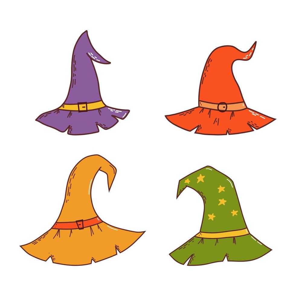 Set of witch hats. Halloween element. Trick or treat concept. Vector illustration in hand drawn style