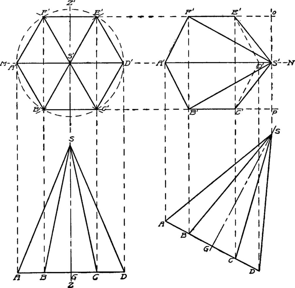 pirámide hexagonal, ilustración vintage. vector