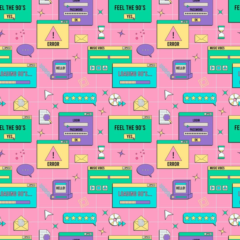 Vaporwave UI and UX elements seamless pattern. PC retro game frame. Nostalgic style 70s, 80s, 90s. vector