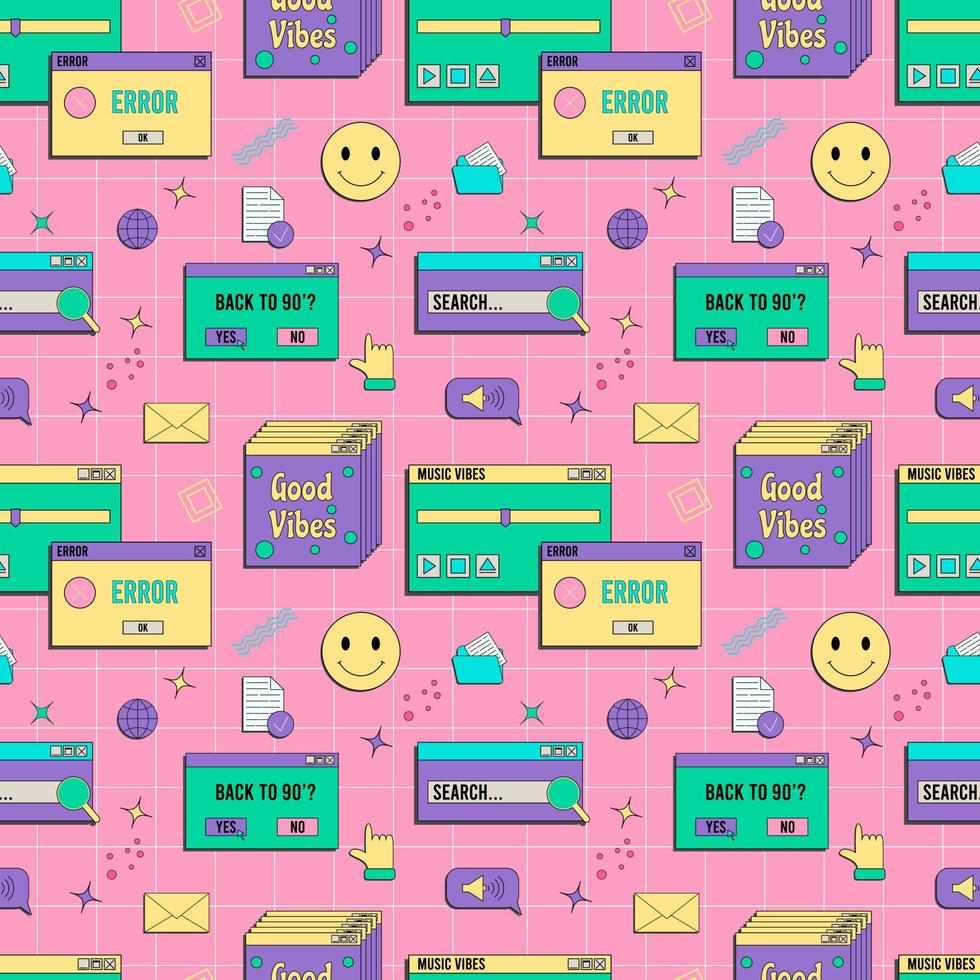 Vaporwave UI and UX elements seamless pattern. PC retro game frame. Nostalgic style 70s, 80s, 90s. vector
