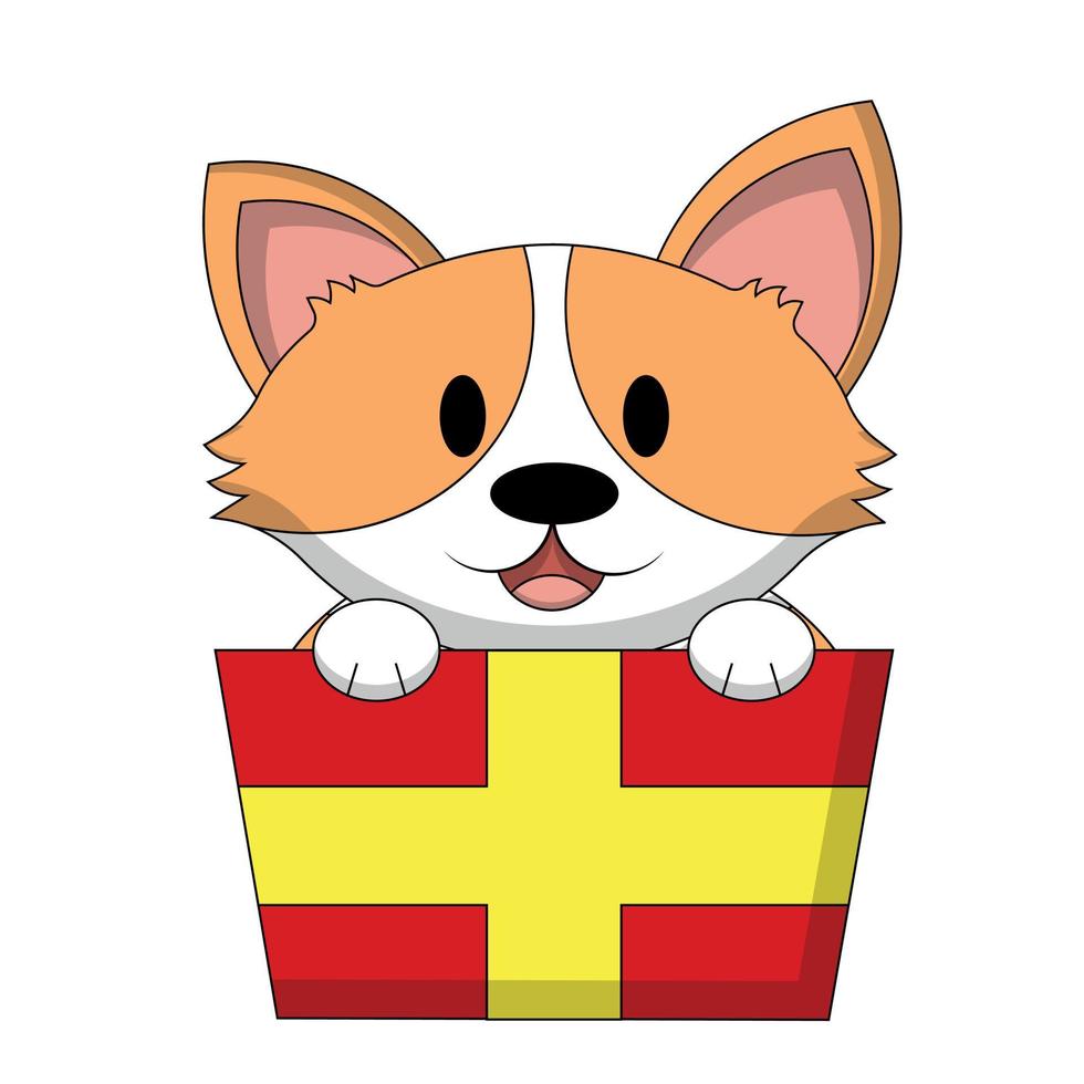 Cute dog Corgi in gift box. Draw illustration in color vector