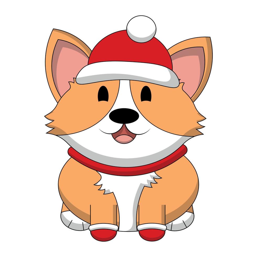 Cute dog Corgi with winter hat, scarf and mitten. Draw illustration in color vector