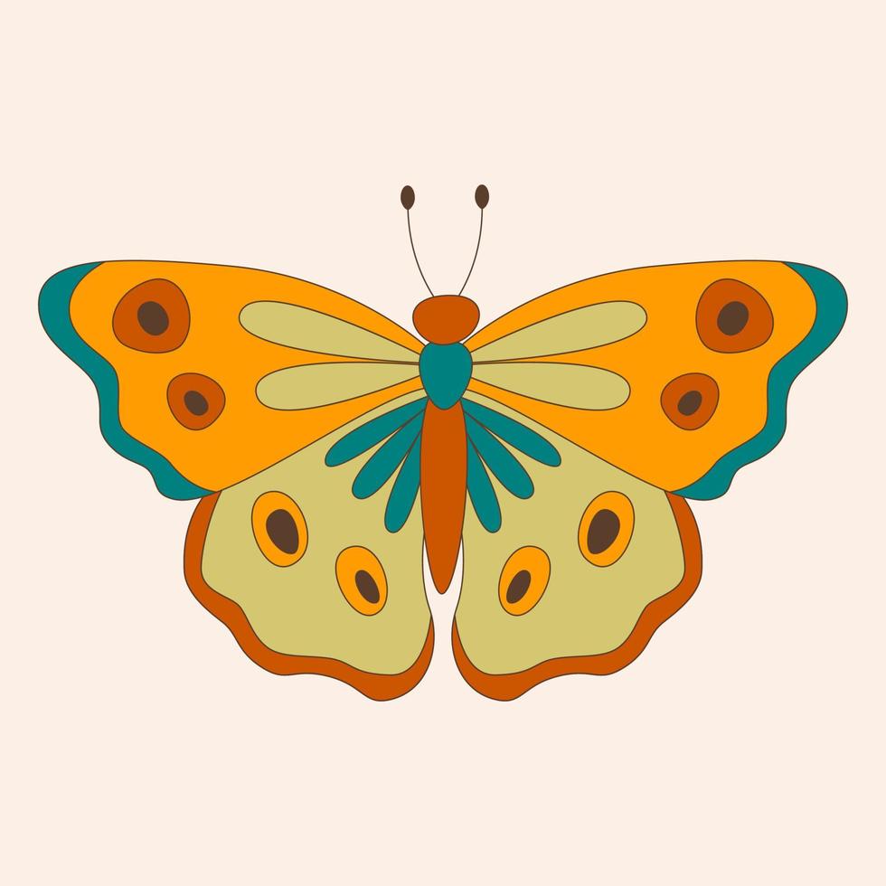 Retro 60s 70s hippie groovy butterfly for cards, stickers or poster design. Flat vector illustration