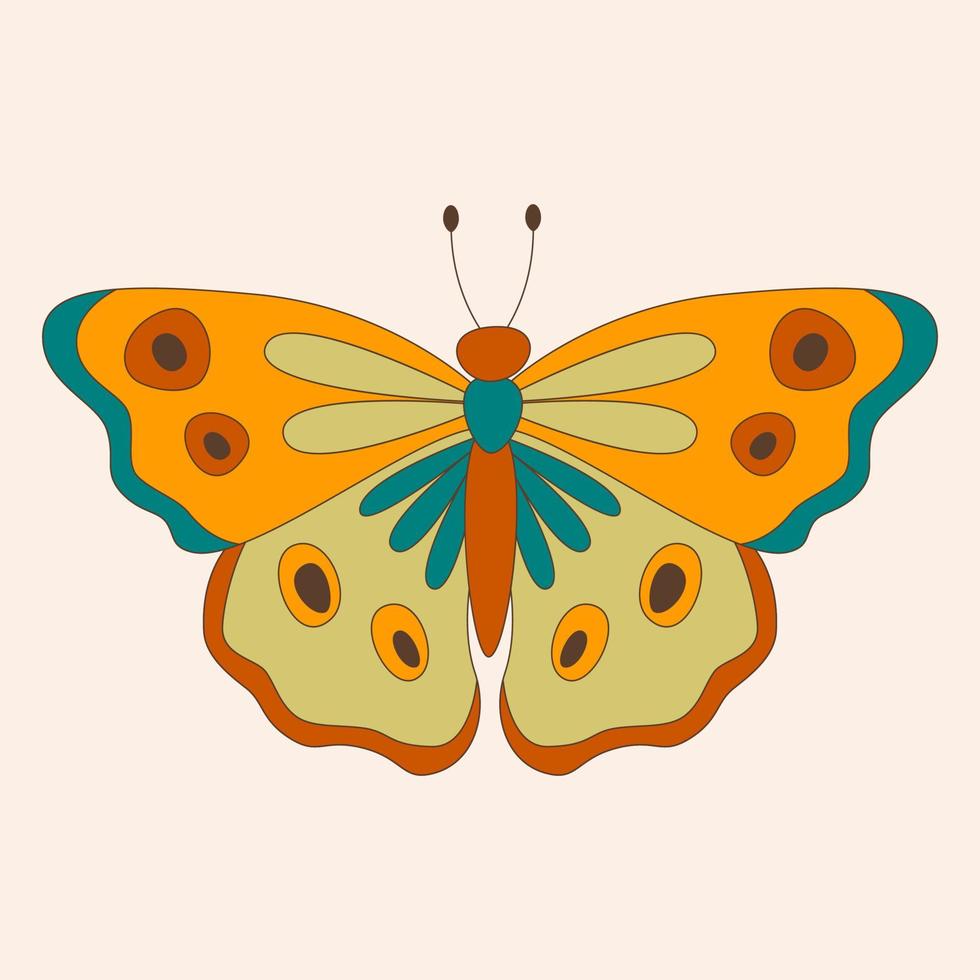 retro 60s 70s hippie groovy mariposa para tarjetas, pegatinas o diseño de afiches. ilustración vectorial plana vector