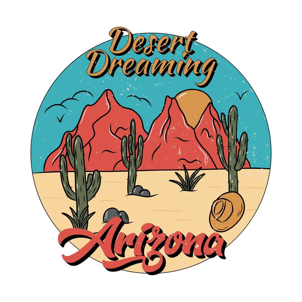 Arizona desert vibes with cactus and mountain. Print design for apparel, stickers, t shirt and others. Retro vintage illustration. vector