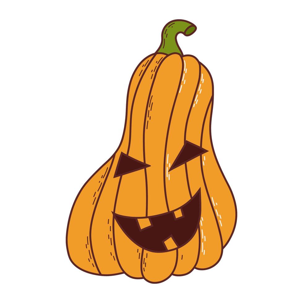 Cute pumpkin with funny face. Halloween element. Vector illustration in hand drawn style