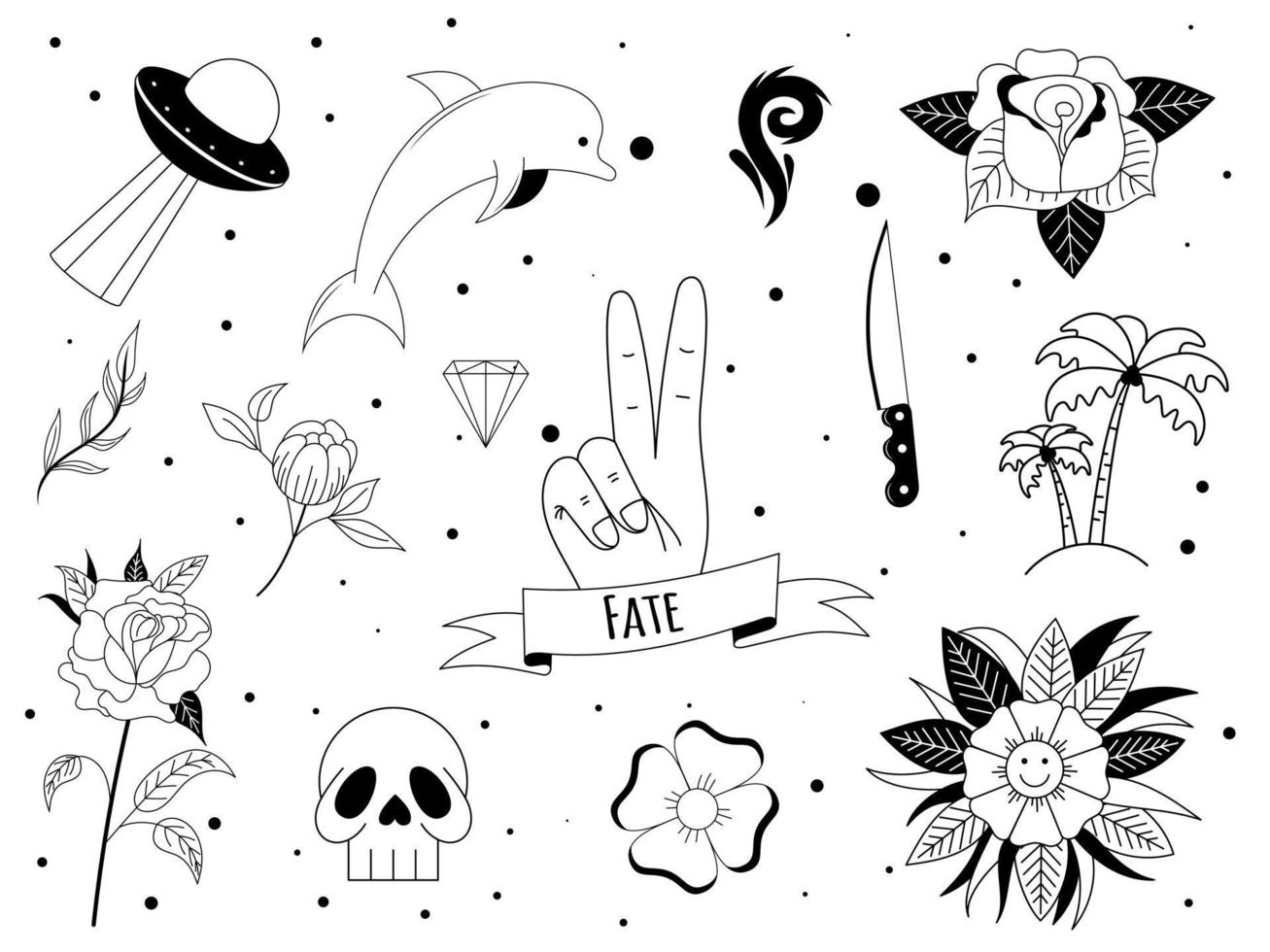 conjunto de tatuajes en y2k, estilo 1990, 2000. diseño de elementos emo goth con cuchillo, rosa, flor, fuego, calavera. tatuaje de la vieja escuela. ilustración vectorial vector