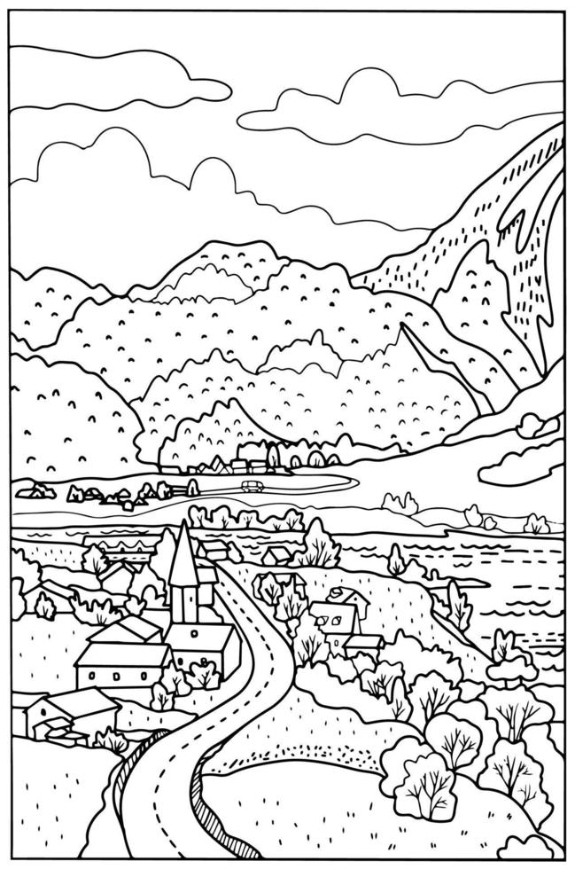 Coloring book . Lovely landscape,mountains and village in the valley. Vector art line background.