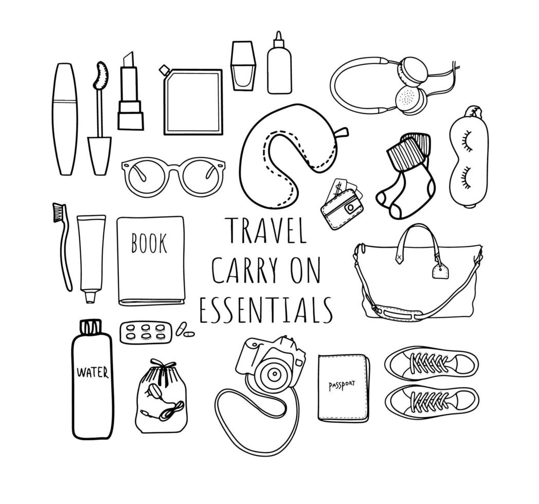 Set of travel vacation items isolated on white background doodle vector