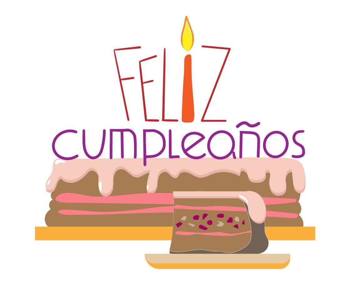 Birthday cake with Feliz Compleanos lettering. Happy Birthday hand drawn phrase in Spanish. Festive pastry with star candles flat vector postcard. Anniversary greeting card for girls with text