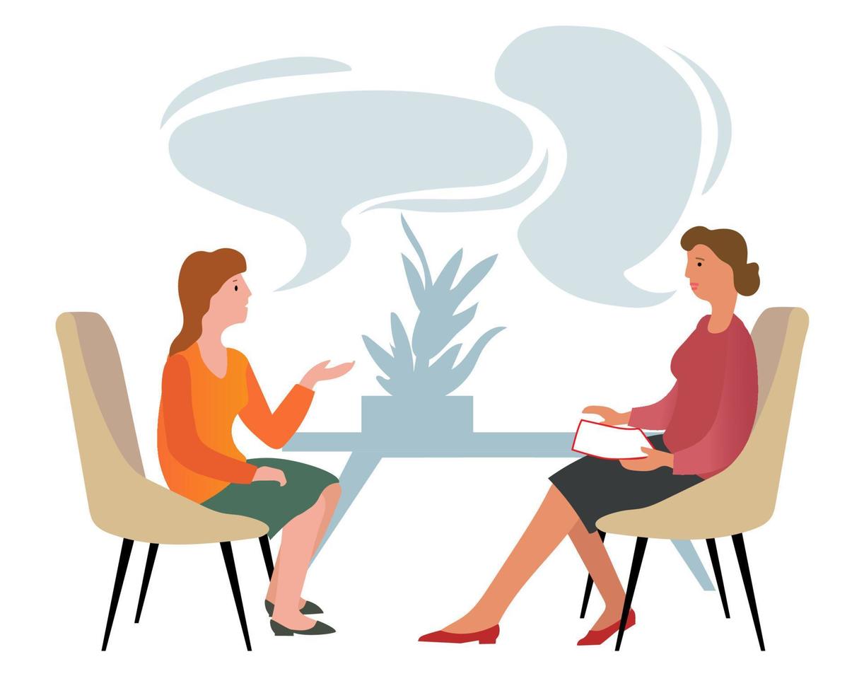 Two women sit on the armchairs and talk about something. Psychotherapist has a session with her patient. Business interview and Conversation concept. vector