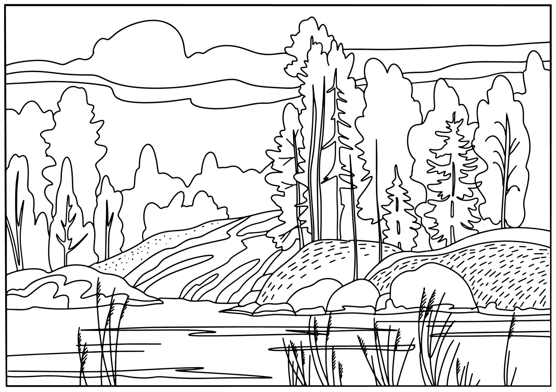 Coloring book . Lovely landscape, river and forest. Vector art line