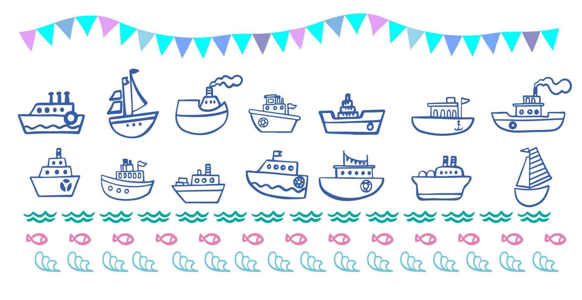 Ships and boats set. fish, festive flags Vector illustration
