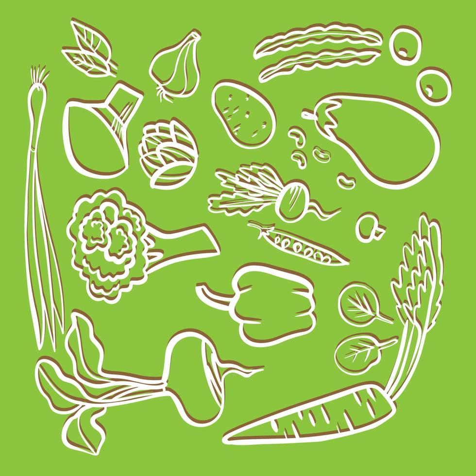 set of white contour vegetables on a green background vector