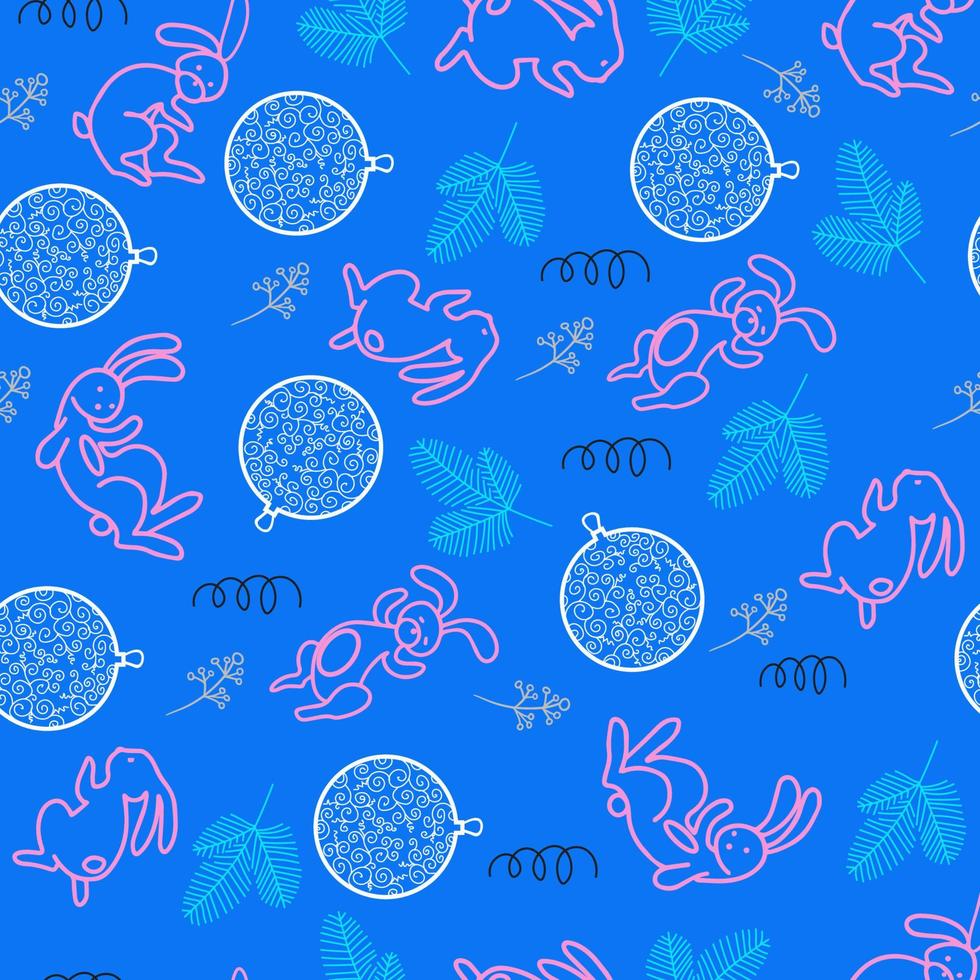 New year seamless pattern with branches of fir tree,bunny, rabbits, balls.Christmas decorations hand drawn wrap paper or fabric design. vector