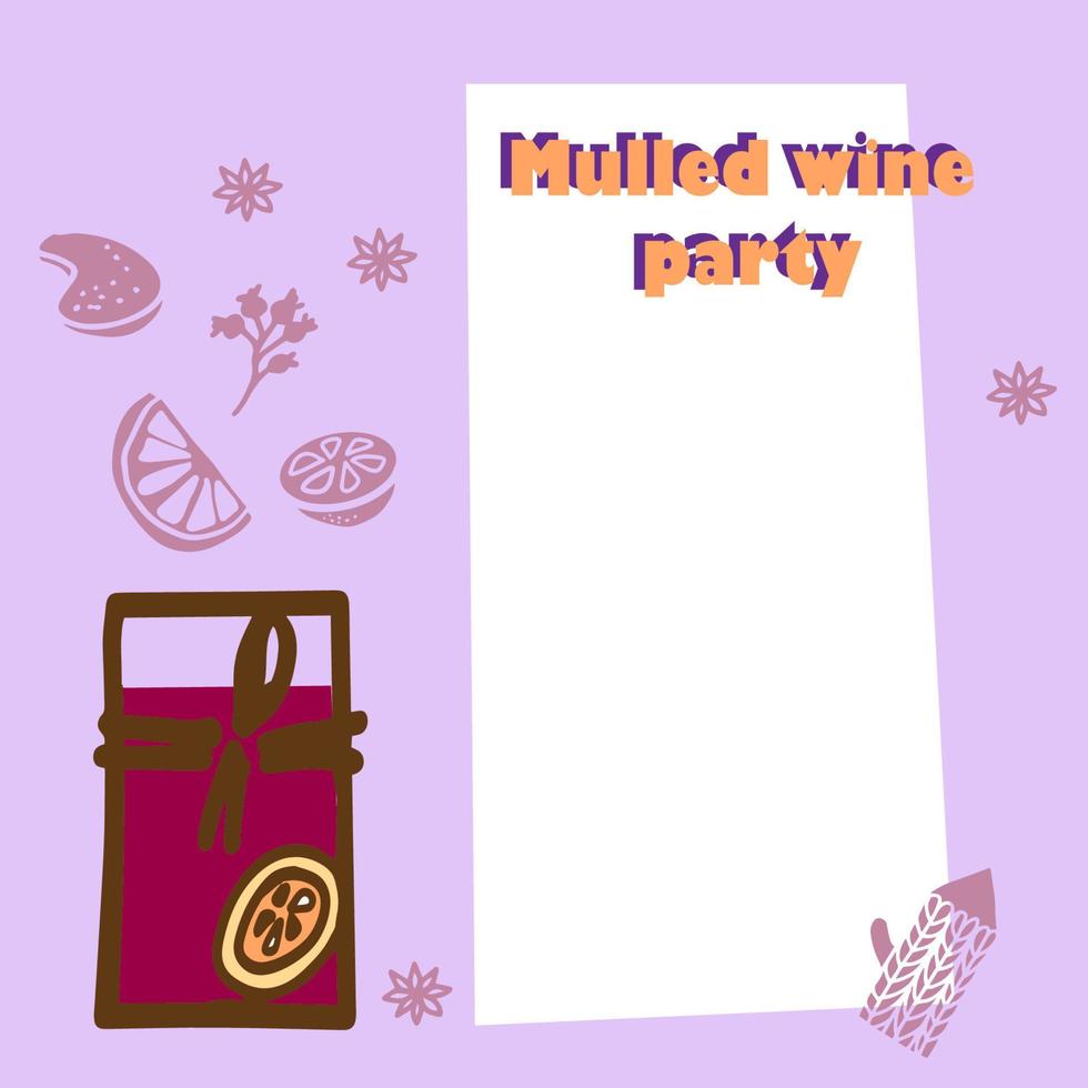 Vector design with hand drawn mulled wineglass, mittens ,spices. Winery illustration. Template design. Border.