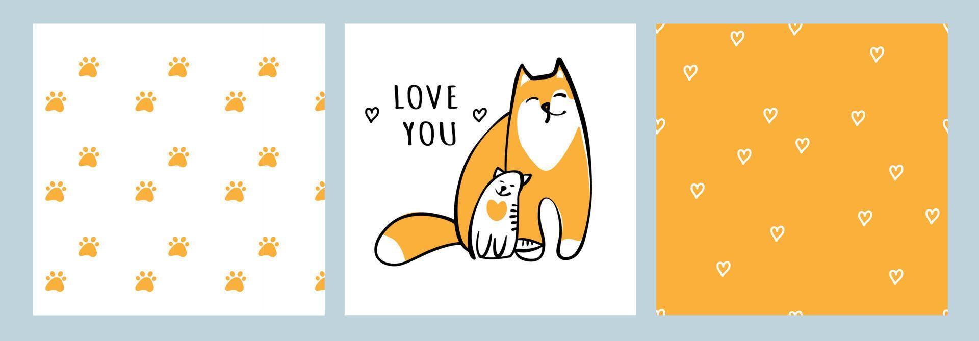 Cute Mom and baby cat hand drawn vector print. Mother s Day card. Animal seamless pattern