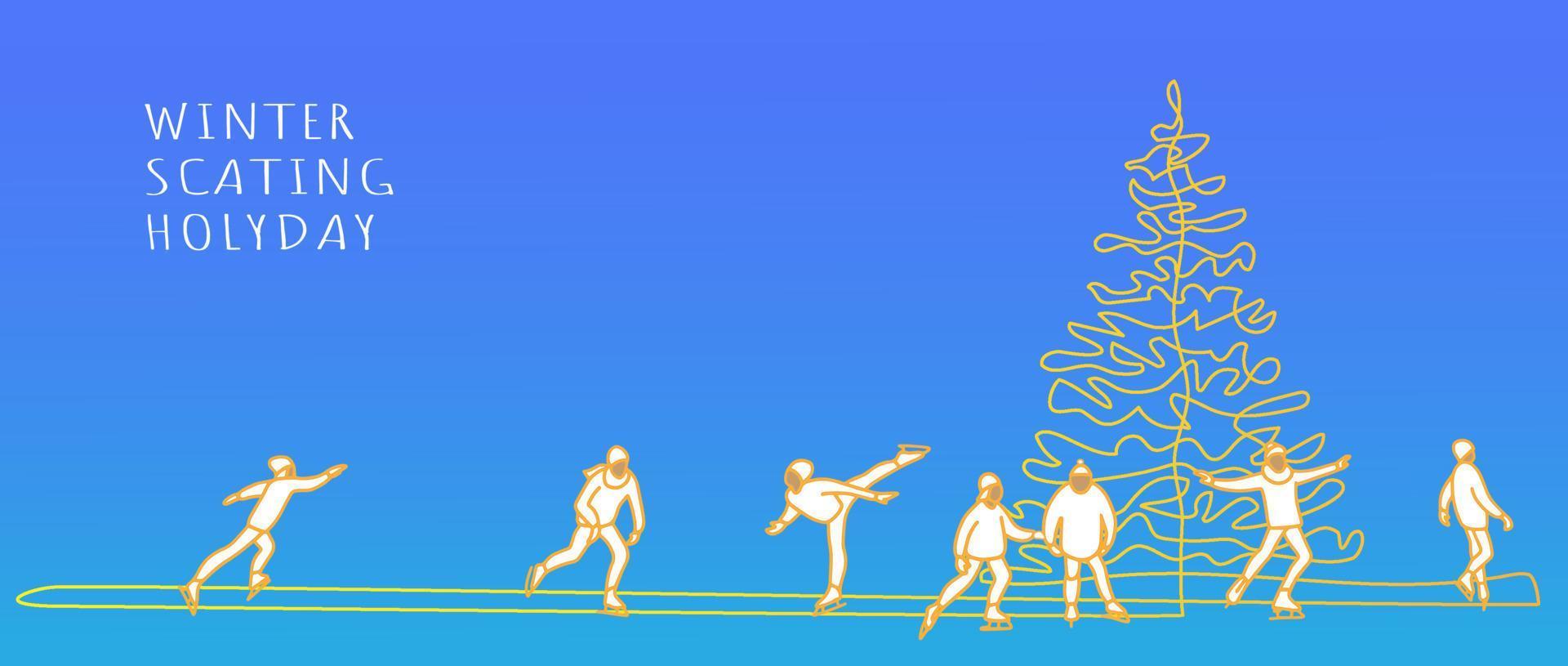 tarjeta de felicitación con siluetas de patinadores artísticos y un árbol festivo. ilustración vectorial vector