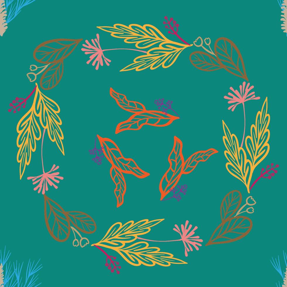 Autumn seamless pattern with berries, plants, leaves, acorns on green background vector