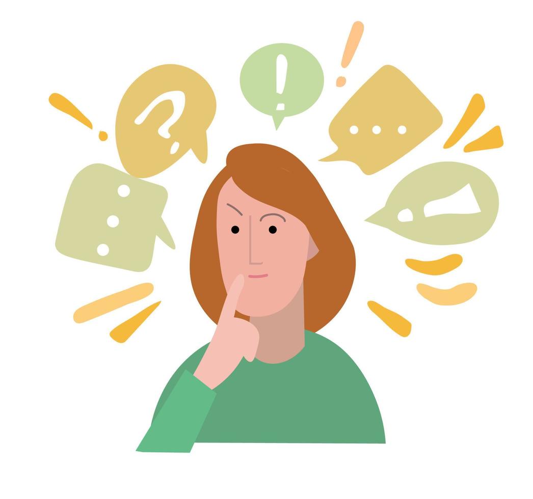 Thoughtful woman. Young woman thinking or solving problem, surrounded by thought bubbles, question marks. Flat cartoon vector illustration.