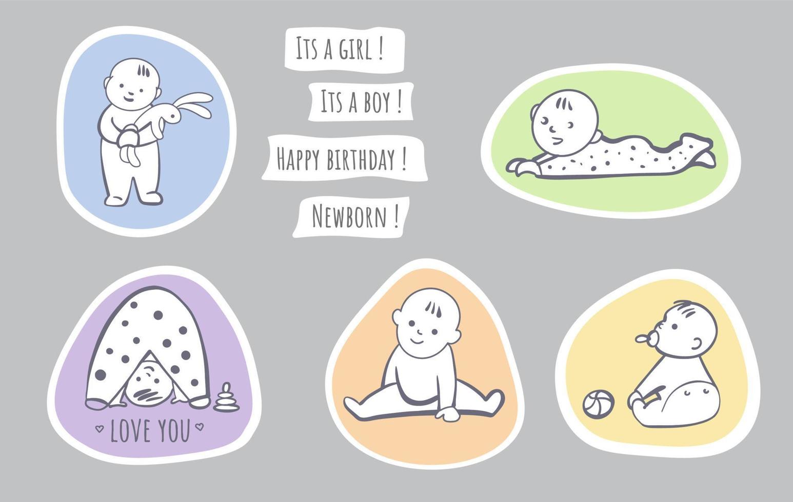 Collection of vector stickers of little baby in pajamas, diaper. Cute little baby icon set.