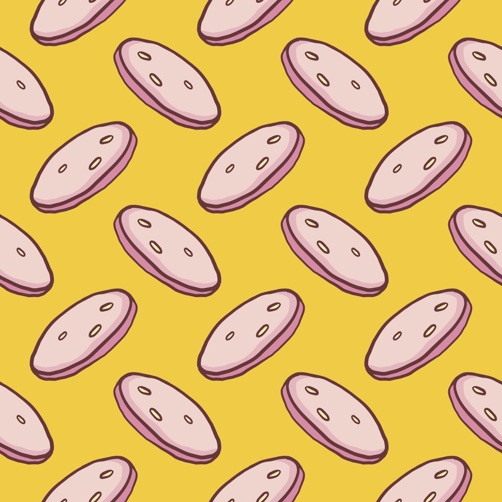 Sausage slices, seamless pattern on yellow background. 13713086 Vector