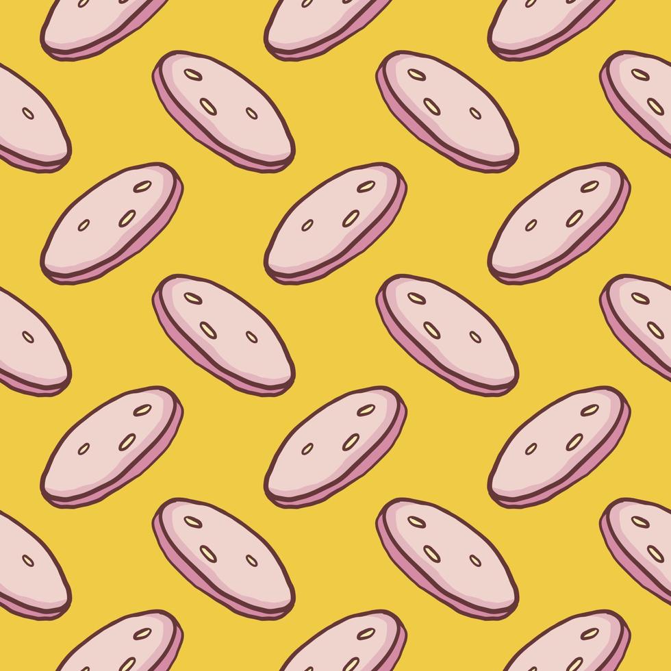 Sausage slices, seamless pattern on yellow background. vector