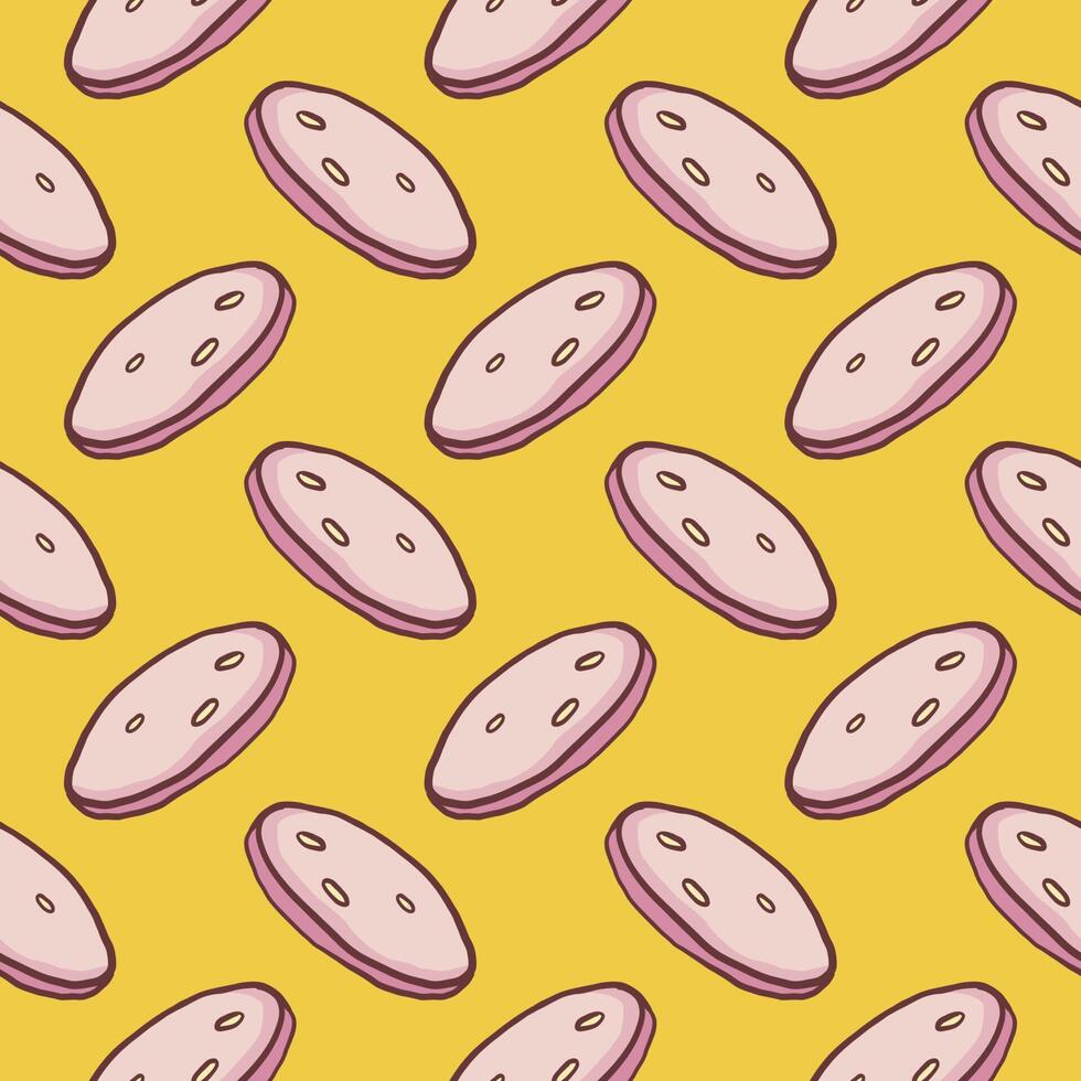 Sausage slices, seamless pattern on yellow background. vector