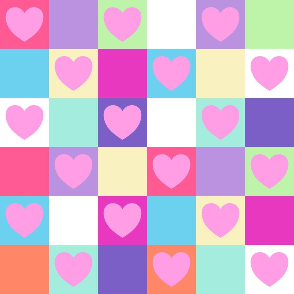corazón rosa sobre fondo cuadrado geométrico colorido vector patrón sin fisuras, elemento para decorar la tarjeta de San Valentín, tela de tartán de franela impresión textil, papel pintado y envoltura de papel